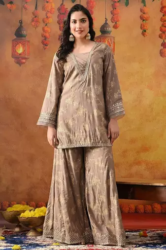 Wood brown cotton embroidered sharara set