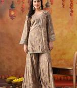 Wood brown cotton embroidered sharara set
