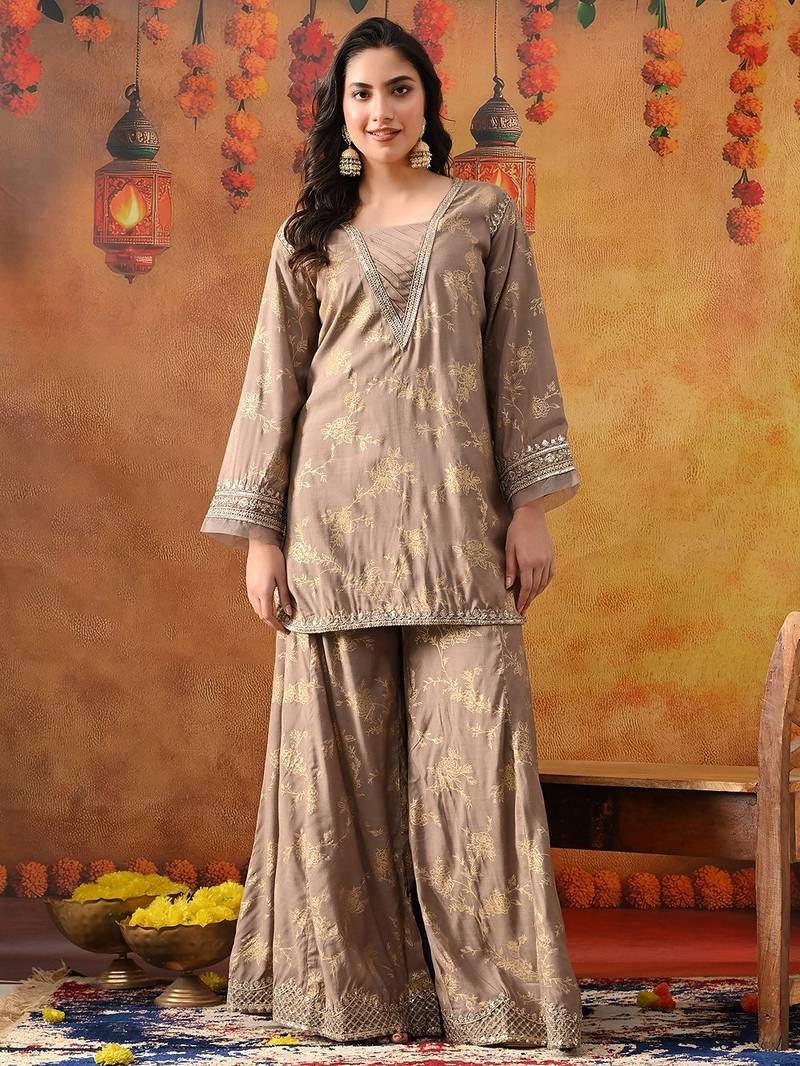 Wood brown cotton embroidered sharara set