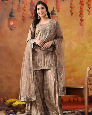 Wood brown cotton embroidered sharara set 2