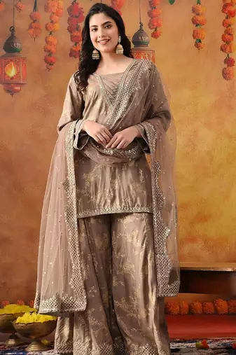 Wood brown cotton embroidered sharara set