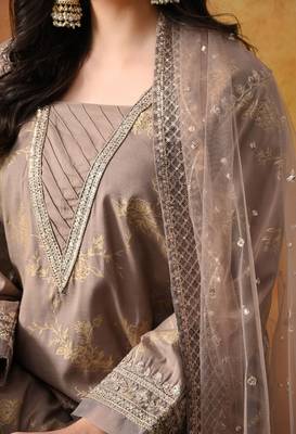 Wood brown cotton embroidered sharara set 3