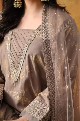 Wood brown cotton embroidered sharara set