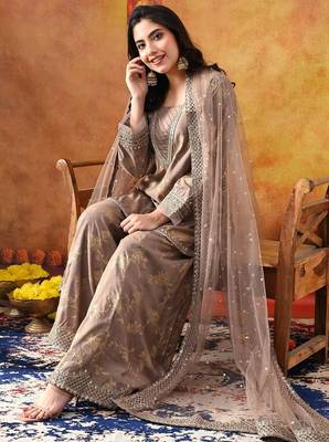 Wood brown cotton embroidered sharara set 4