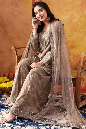 Wood brown cotton embroidered sharara set