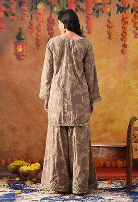 Wood brown cotton embroidered sharara set 5