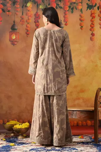 Wood brown cotton embroidered sharara set