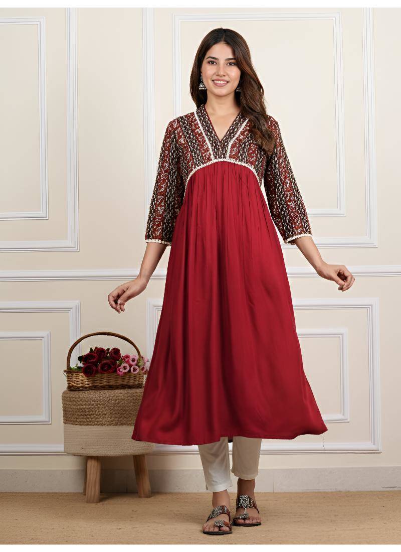 Women’s rayon 3/4 sleeve bagru printed alia cut kurta(maroon)