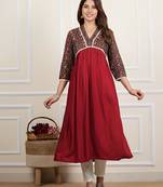 Women   s rayon 3/4 sleeve bagru printed alia cut kurta(maroon)