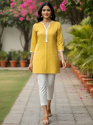 Women   s rayon striped short kurti round neck with v-notch placket, contrast lace, 3/4 sleeves (yellow) 1
