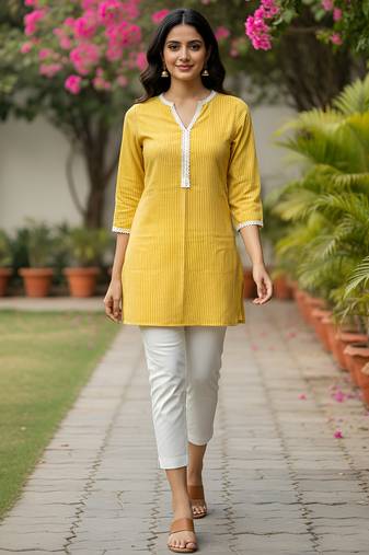 Women’s rayon striped short kurti round neck with v-notch placket, contrast lace, 3/4 sleeves (yellow)