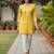 Women   s rayon striped short kurti round neck with v-notch placket, contrast lace, 3/4 sleeves (yellow)