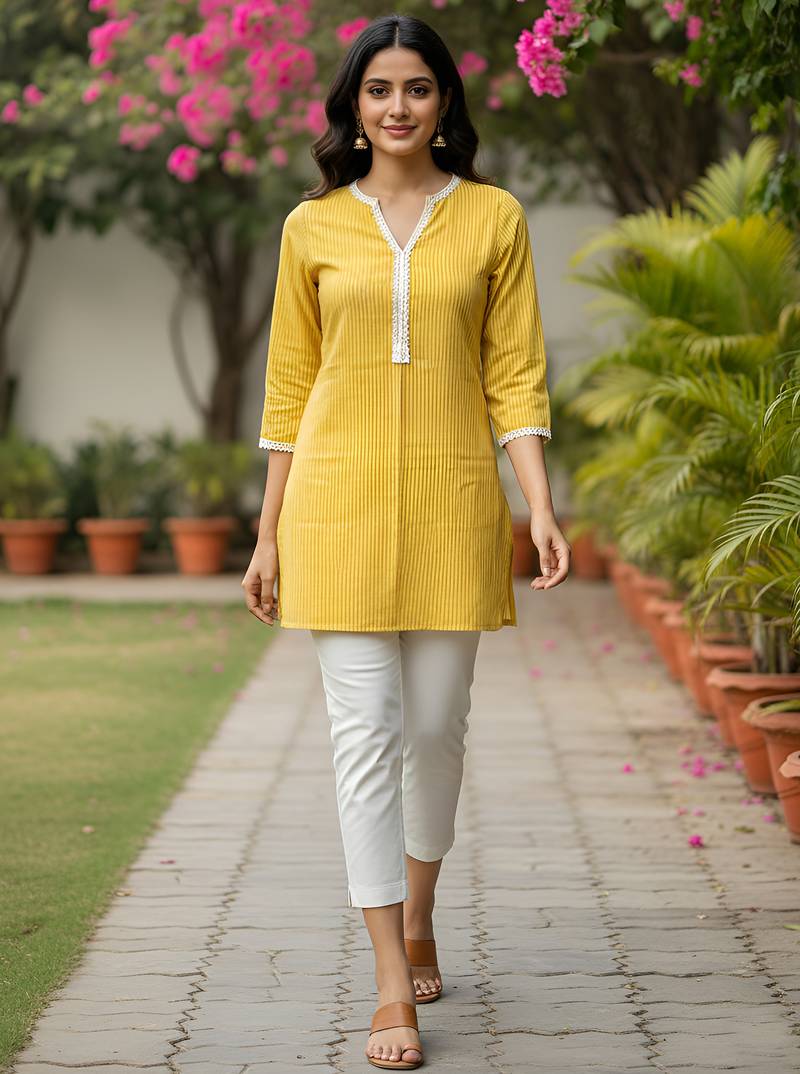 Women   s rayon striped short kurti round neck with v-notch placket, contrast lace, 3/4 sleeves (yellow)