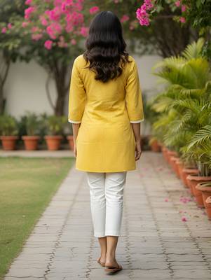 Women   s rayon striped short kurti round neck with v-notch placket, contrast lace, 3/4 sleeves (yellow) 2