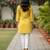 Women   s rayon striped short kurti round neck with v-notch placket, contrast lace, 3/4 sleeves (yellow)
