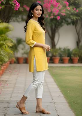 Women   s rayon striped short kurti round neck with v-notch placket, contrast lace, 3/4 sleeves (yellow) 3