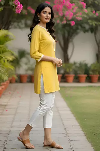 Women   s rayon striped short kurti round neck with v-notch placket, contrast lace, 3/4 sleeves (yellow)