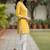 Women   s rayon striped short kurti round neck with v-notch placket, contrast lace, 3/4 sleeves (yellow)