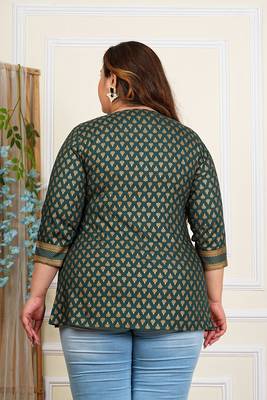 Women's plus  size  wine  rayon foil print  mid thigh length  3/4th  heavy yoke with gather short kurti (green) 2