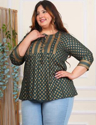 Women's plus  size  wine  rayon foil print  mid thigh length  3/4th  heavy yoke with gather short kurti (green) 3