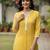 Women   s rayon striped short kurti round neck with v-notch placket, contrast lace, 3/4 sleeves (yellow)