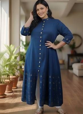 Women   s rayon staple gold print front slit a-line kurta 1