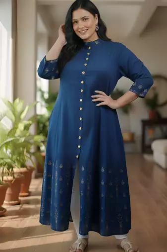 Women’s rayon staple gold print front slit a-line kurta