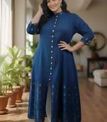 Women’s rayon staple gold print front slit a-line kurta