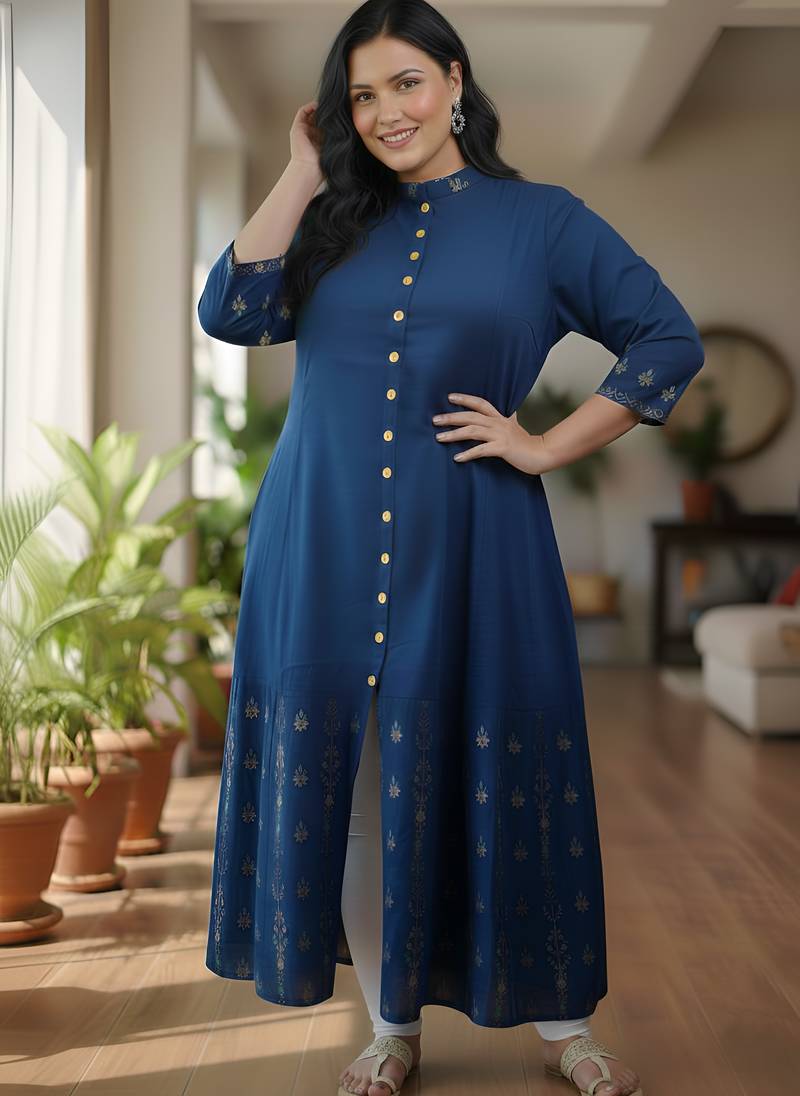 Women’s rayon staple gold print front slit a-line kurta