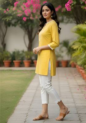 Women   s rayon striped short kurti round neck with v-notch placket, contrast lace, 3/4 sleeves (yellow) 5