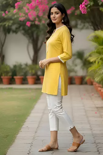 Women   s rayon striped short kurti round neck with v-notch placket, contrast lace, 3/4 sleeves (yellow)