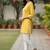 Women   s rayon striped short kurti round neck with v-notch placket, contrast lace, 3/4 sleeves (yellow)