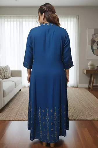Women   s rayon staple gold print front slit a-line kurta