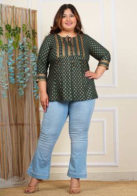 Women's plus  size  wine  rayon foil print  mid thigh length  3/4th  heavy yoke with gather short kurti (green) 4