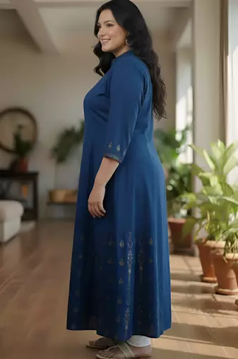 Women   s rayon staple gold print front slit a-line kurta