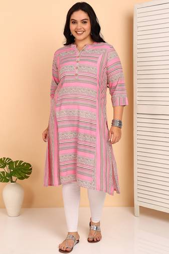 Women's plus size rayon printed straight kurti, mandarin collar, 3/4th sleeves (pink)