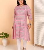Women's plus size rayon printed straight kurti, mandarin collar, 3/4th sleeves (pink)