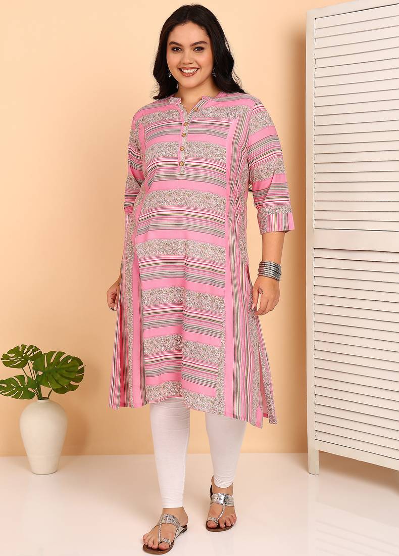 Women's plus size rayon printed straight kurti, mandarin collar, 3/4th sleeves (pink)