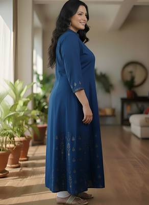 Women   s rayon staple gold print front slit a-line kurta 4