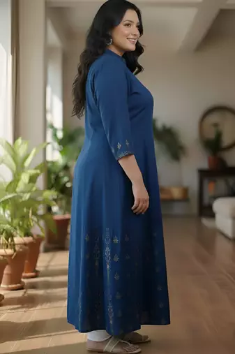 Women   s rayon staple gold print front slit a-line kurta