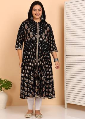 Women's rayon floral printed anarkali kurta (black) 1