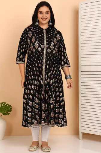 Women's rayon floral printed anarkali kurta (black)