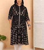 Women's rayon floral printed anarkali kurta (black)