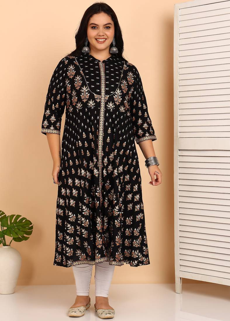Women's rayon floral printed anarkali kurta (black)
