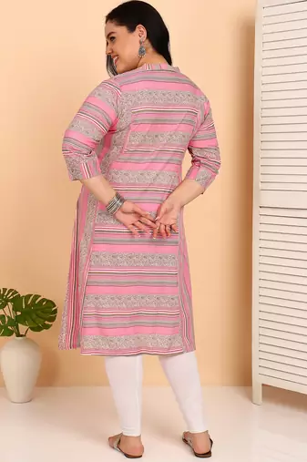 Women's plus size rayon printed straight kurti, mandarin collar, 3/4th sleeves (pink)