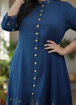 Women   s rayon staple gold print front slit a-line kurta 5