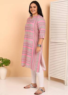 Women's plus size rayon printed straight kurti, mandarin collar, 3/4th sleeves (pink) 3