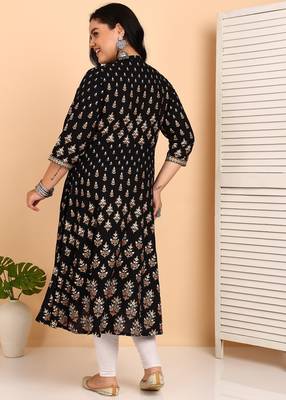 Women's rayon floral printed anarkali kurta (black) 2