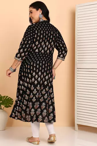 Women's rayon floral printed anarkali kurta (black)