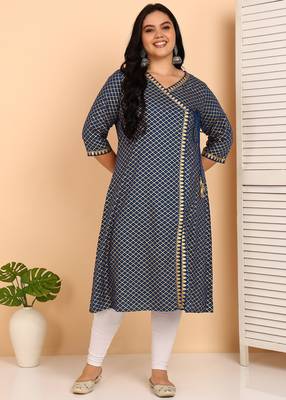 Women   s rayon plus size angrakha kurti v-neck, 3/4 sleeves (blue) 1